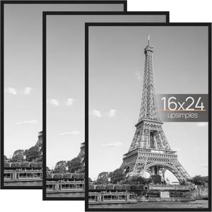 Upsimples 16x24 Picture Frame Black 3 Pack, Scratch-Proof Poster Frames 16 x 24 for Photo Gallery - Slide-In Strips, Horizontal or Vertical Wall Mounting