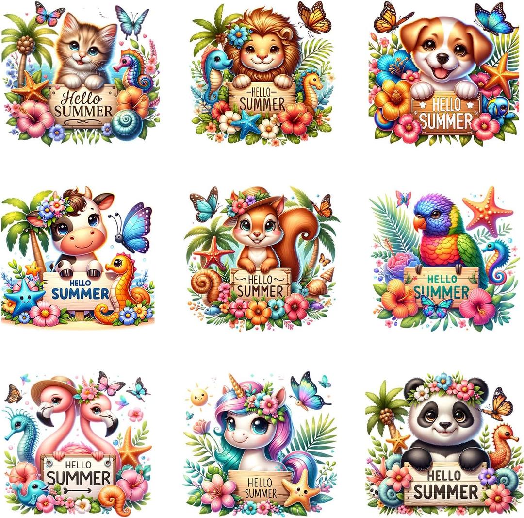9Pcs Summer Beach Animals Iron on Decals for T-Shirt DIY Washable Heat Transfer Vinyl Stickers for Clothing Jeans Pillow Covers Applique