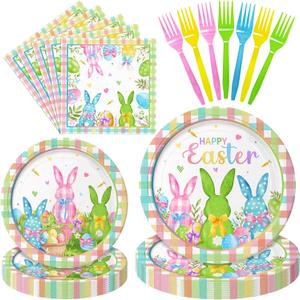 96 Pieces Easter Tableware Set Bunny Egg Disposable Plates, Napkins, and Forks with Happy Easter and Spring Designs for Holiday Dinners, Parties, and Spring Celebrations Serves 24