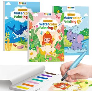 TECJOE 3 Pack Paint with Water Coloring Books for Toddlers, Mess Free Watercolor Painting Set with 6 Brushes, Travel Art Craft Activities Toys Birthday Gifts for Kids Ages 3-8, Forest, Sea & Princess