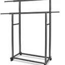 Black Simple Standard 2 Double Rod Clothing Metal Garment Rack for Hanging Clothes, Rolling Clothes Organizer with Mobile Lockable Wheels