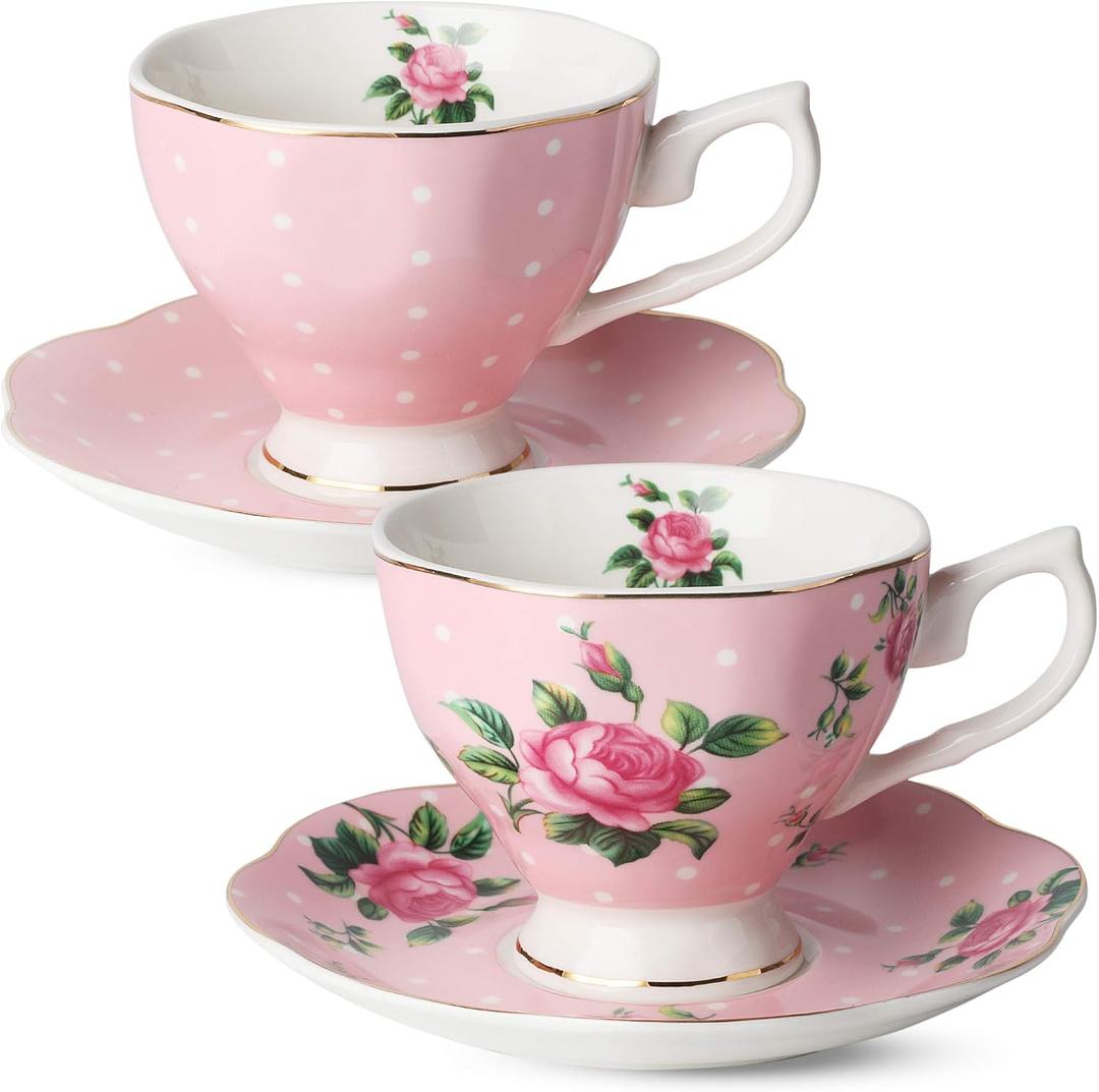 BTaT- Floral Tea Cups and Saucers, Set of 2, 8 oz, Fine Porcelain Teacup Set with Gold Trim for Afternoon Tea, Weddings, Parties & Gifting, Dishwasher Safe, Lightweight, Non-Toxic, Mothers Day Gift (Pink)
