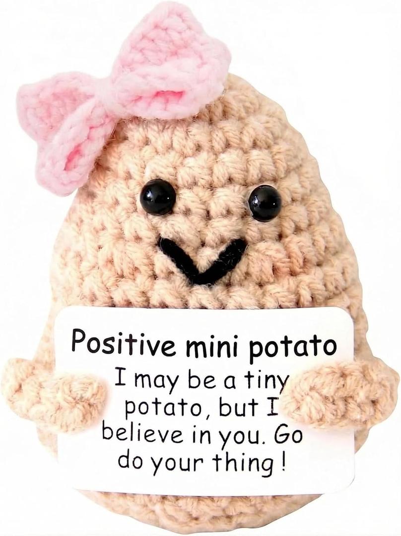 Mini Positive Cute Funny Life Potato Knitted Holding Card Creative Cute Crochet Decpr Cheer Up Valentine Gifts for Lovers, Emotional Support Gift for Friends, Family, Collegues,Co-Workers