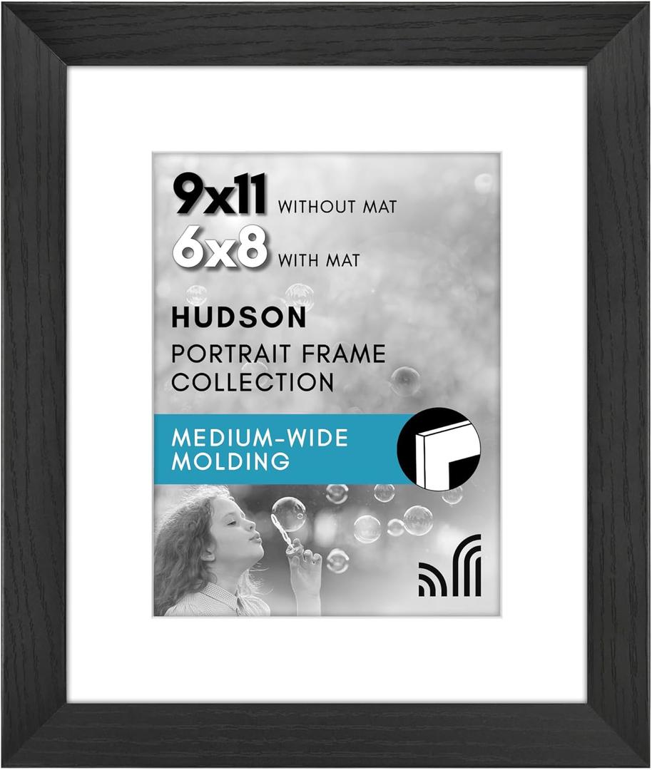 Americanflat 9x11 Picture Frame with Shatter-Resistant Glass - Use as 6x8 Frame with Mat or Display 9x11 Photo Without Mat - Hudson Collection - Wide Picture Frames for Tabletop and Wall - Black