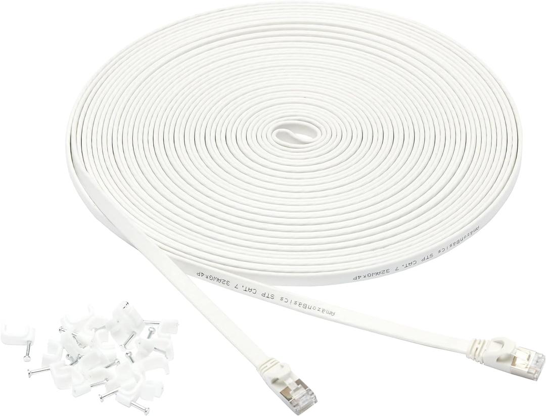 Amazon Basics RJ45 Cat 7 Ethernet Patch Cable, Flat, 600MHz, Snagless, Includes 20 Nails, 50 Foot, White