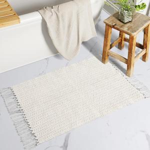 Lahome Belle Boho Bathroom Rugs, Small 2x3 Door Mat Indoor Lightweight Entryway Rug Washable Cotton Area Rug with Tassels, Farmhouse Non Shedding Beige Throw Rug Low Pile Carpet for Kitchen Laundry