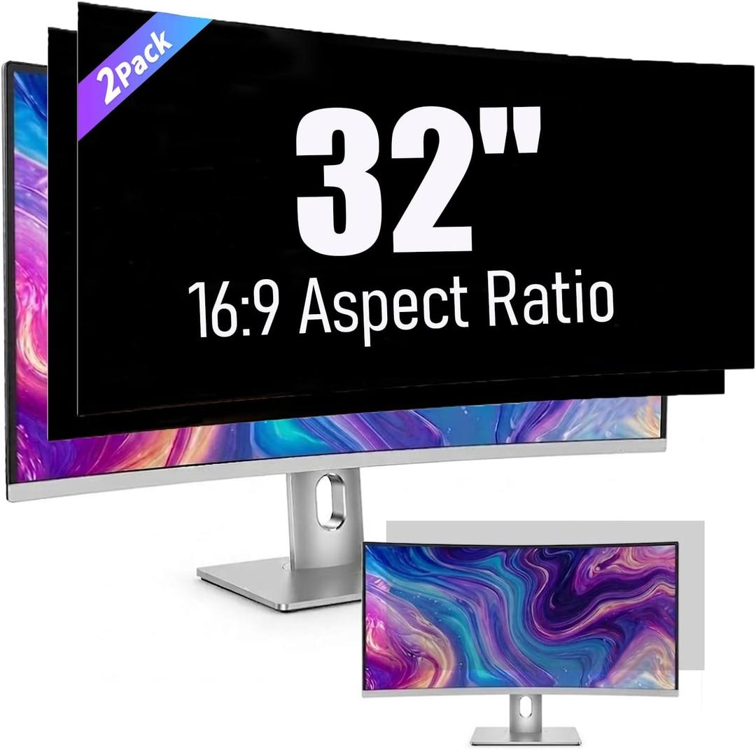 2 Pack 32 Inch Privacy Screen for Curved Computer Monitor fit 16:9 Aspect Ratio Widescreen Monitor - Anti Glare Blue Light Filter, Anti-Scratch Protector Film