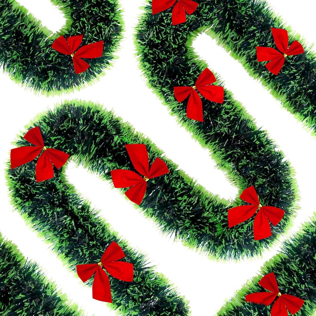 50Ft Christmas Tinsel Garland, Metallic Christmas Tree Garland with 40 Red Bows, Hanging Holiday Streamers Decorations for Xmas Holiday Wreaths Indoor Outdoor Party Supplies (Green)