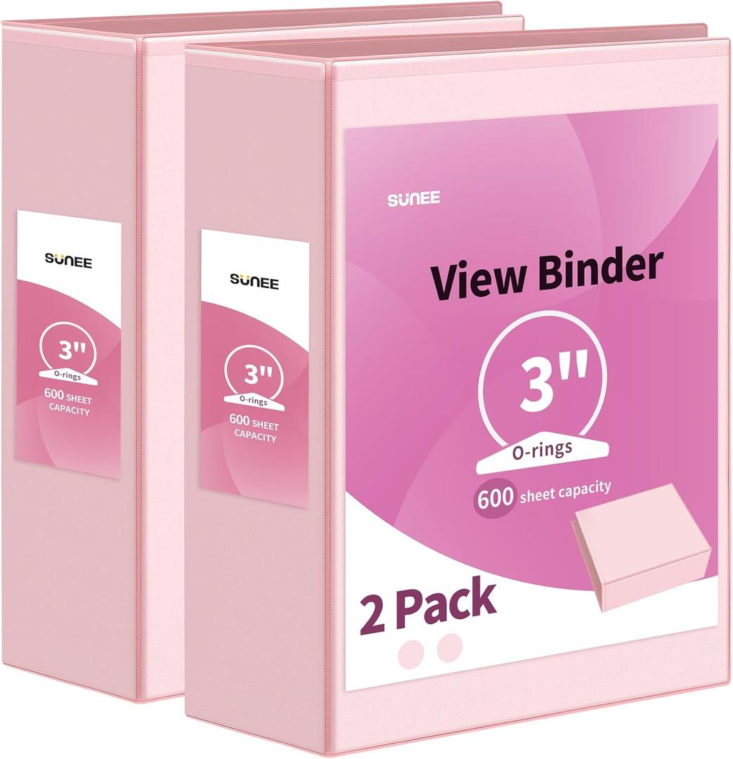 SUNEE 3 Ring Binder 3 Inch 2 Pack, Clear View Binder Three Ring PVC-Free (Fit 8.5x11 Inches) for School or Office Supplies, Pink