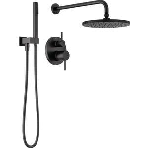 Delta Modern 14 Series Round Rain Shower System Faucet Set, Rainfall Matte Black Shower Head and Handle Set, Valve Trim Kit, 10 Inch, Matte Black 342702-BL