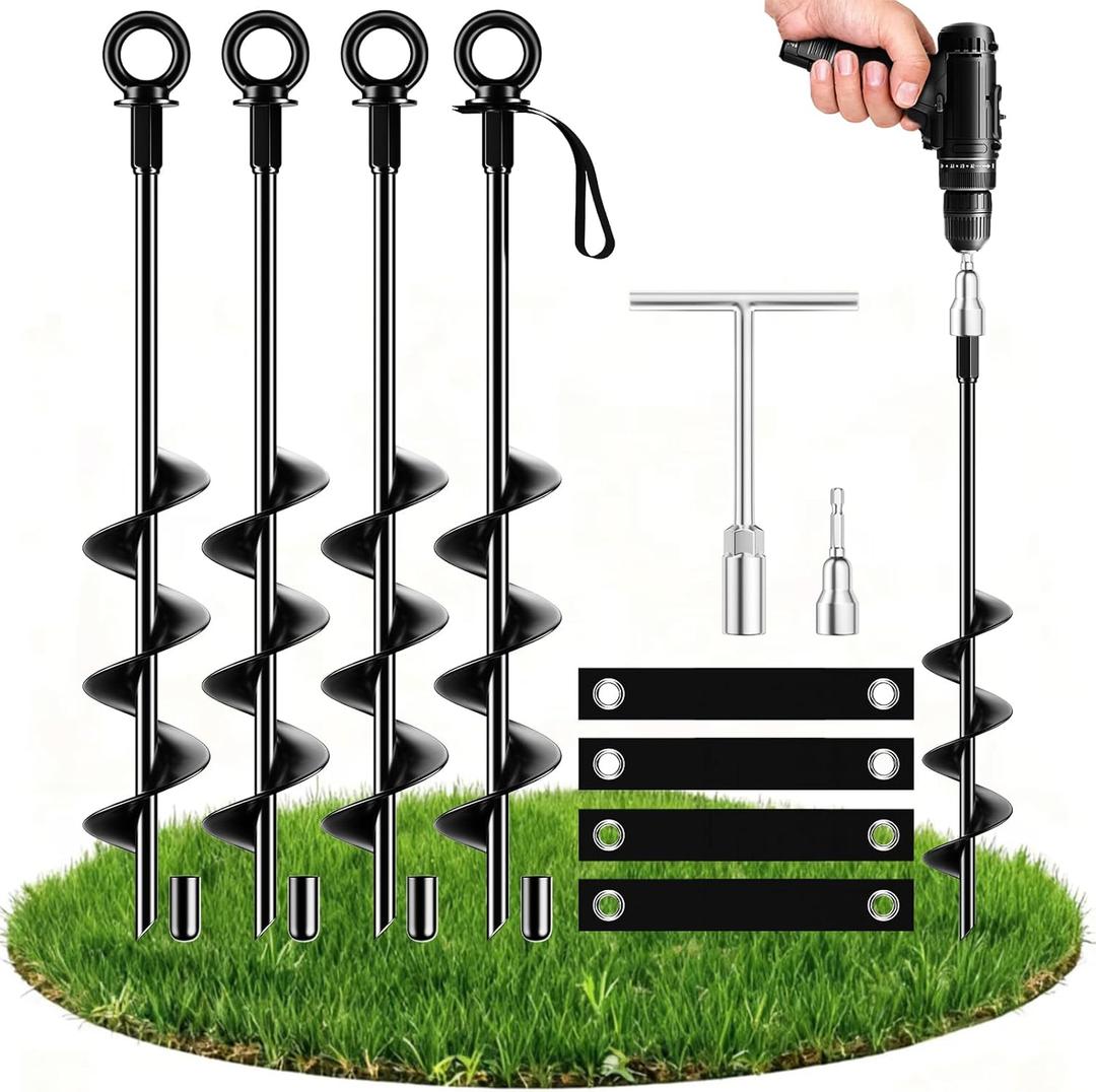 Ground Anchors Heavy Duty Tent Stakes 18 Inch Swing Set Anchors Kit Screw in Fully Welded Spiral Earth Anchors Trampoline Stakes High Wind Metal for Shed Tent Carports Securing Animals Camping 4Pcs