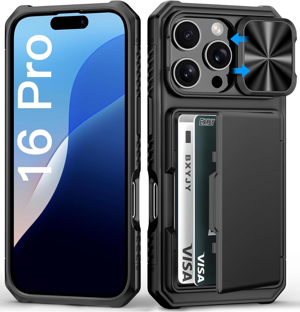 for iPhone 16 Pro Case Wallet, Built-in Card Holder (4-5 Cards), Slide Camera Cover, Military Grade Drop Protection, Rugged Heavy Duty Men Women Protective Phone Case for iPhone 16 Pro, Black
