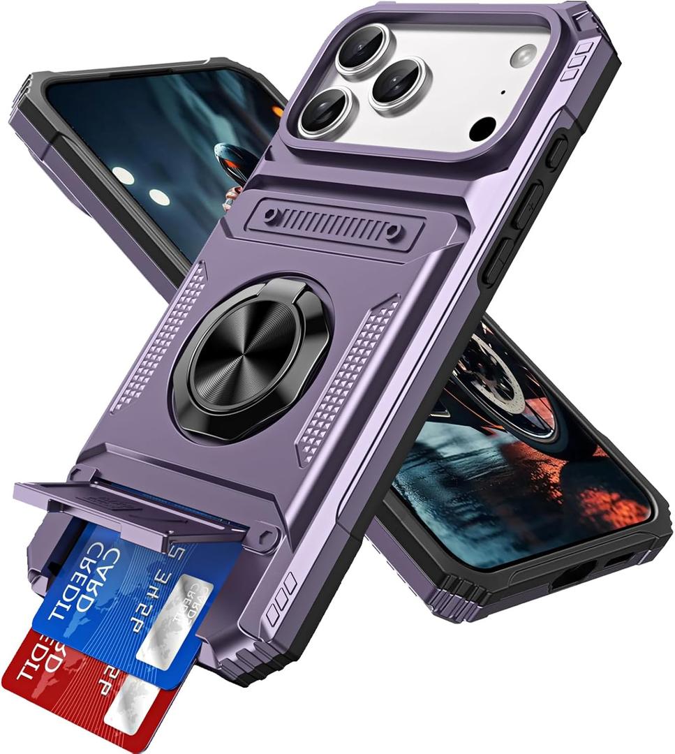 LEMAXELERS Magnetic Case for iPhone 17 Pro Max, with Hidden Card Holder [Store 2 Cards] 360 Spin Kickstand Heavy Duty Dual Layer Shockproof Cover for Apple iPhone 17 Pro Max 6.9", Purple RJ