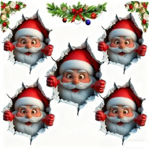 3D Large Santa Claus Sticker, Creative Peel-and-Stick Santa Claus Breaking Through The Wall Design, Christmas Holiday Cartoon Sticker (5 PCS)