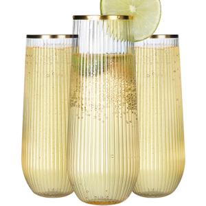 48 Pack Plastic Champagne Flutes Stemless 9 Oz, Ribbed Ripple Gold Rim Unbreakable Champagne Glasses, Elegant Durable Shatterproof Recyclable Glasses Ideal for Wedding Parties