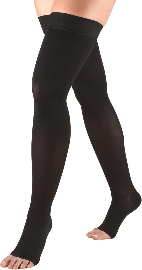 Truform 30-40 mmHg Compression Stockings for Men and Women, Thigh High Length, Dot-Top, Open Toe, Black, Large (Large (1 Pair), Black (Open Toe))