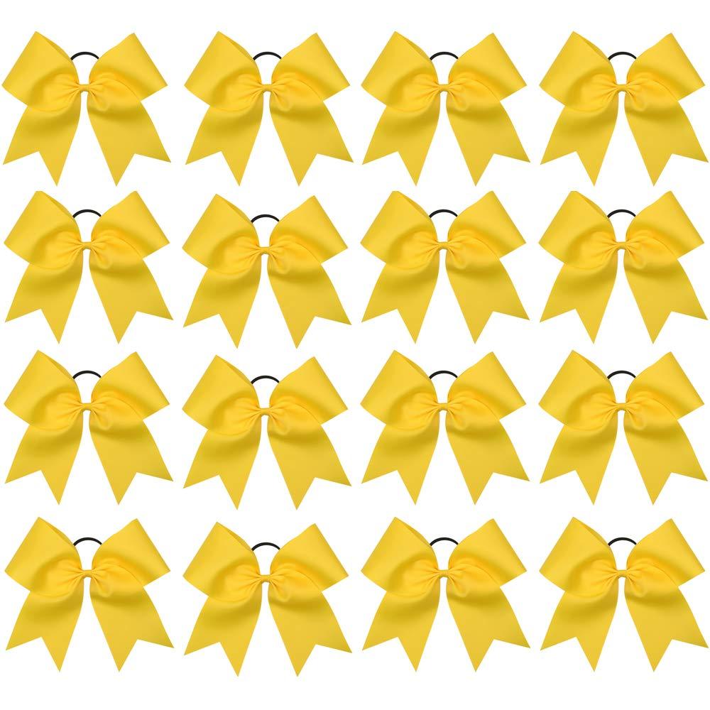 16PCS 8" Large Cheer Hair Bows Ponytail Holder Elastic Band Handmade for Cheerleading Teen Girls College Sports (Yellow, 1 Count (Pack of 16))