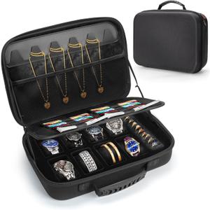 Travel Jewelry Box Watch Case, 8 Slots Watch Display Organizer with Soft Pillow, Hard Storage Bag with 10 Ring Holders, 6 Necklace Hooks, 16 Watch Strap, Jewelry Bracelets Carrying Case for Men Women