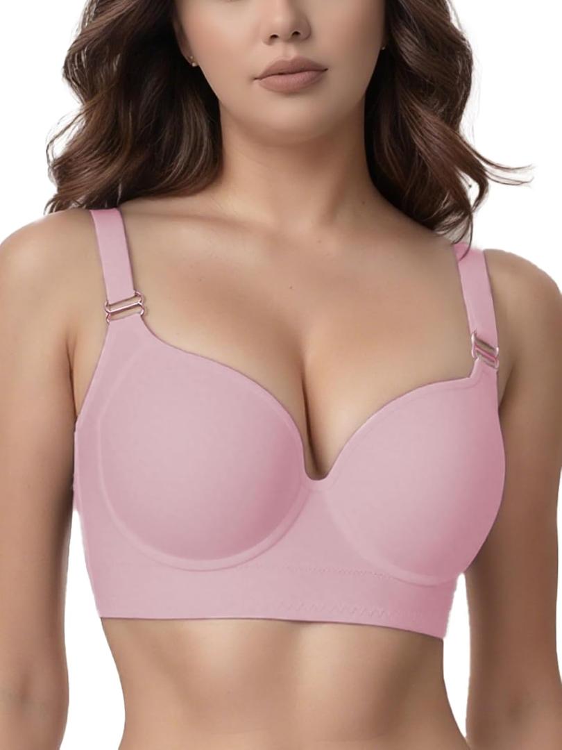 JishinGal Womens Push Up Bra Full Coverage Seamless Underwire Hide Back Fat, Wide Straps, Smooth Uplift T-Shirt Bra (36B, Pink)