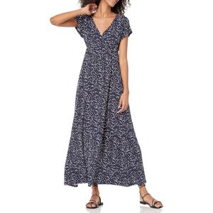 Amazon Essentials Women's V Neck Short Sleeve Waisted Maxi Dress, Floral Blue XL