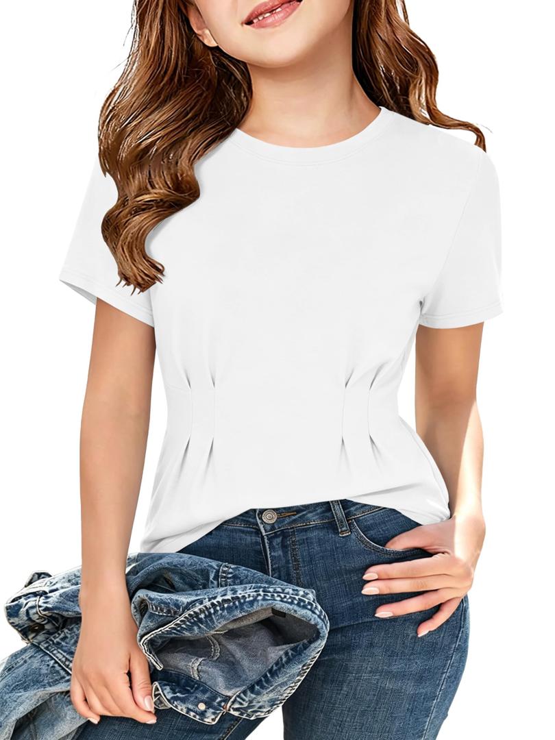 ZDC Girls Pleated Short Sleeve T Shirts Summer Crewneck Tops Casual Cute Basic Tees 5-14 Years White