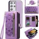 Asuwish Phone Case for Samsung Galaxy S21 Ultra 5G Zipper Wallet Detachable Cell Cover with Tempered Glass Screen Protector Crossbody Strap Flower Card Holder S21ultra 21S S 21 21ultra G5 Women Purple