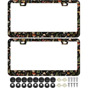 2Pcs Woodland Fern Moth Dragonfly Mushroom Amanita License Plate Frames Cover Holders Stainless Steel Kawaii Goth Black License Plate Cover with Screw Caps Cover Set - 2-Hole