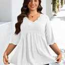 Plus Size Tops for Women 3/4 Lace Sleeve Shirts V Neck Blouses Casual Loose Tunic Tops to Wear with Leggings (XL)