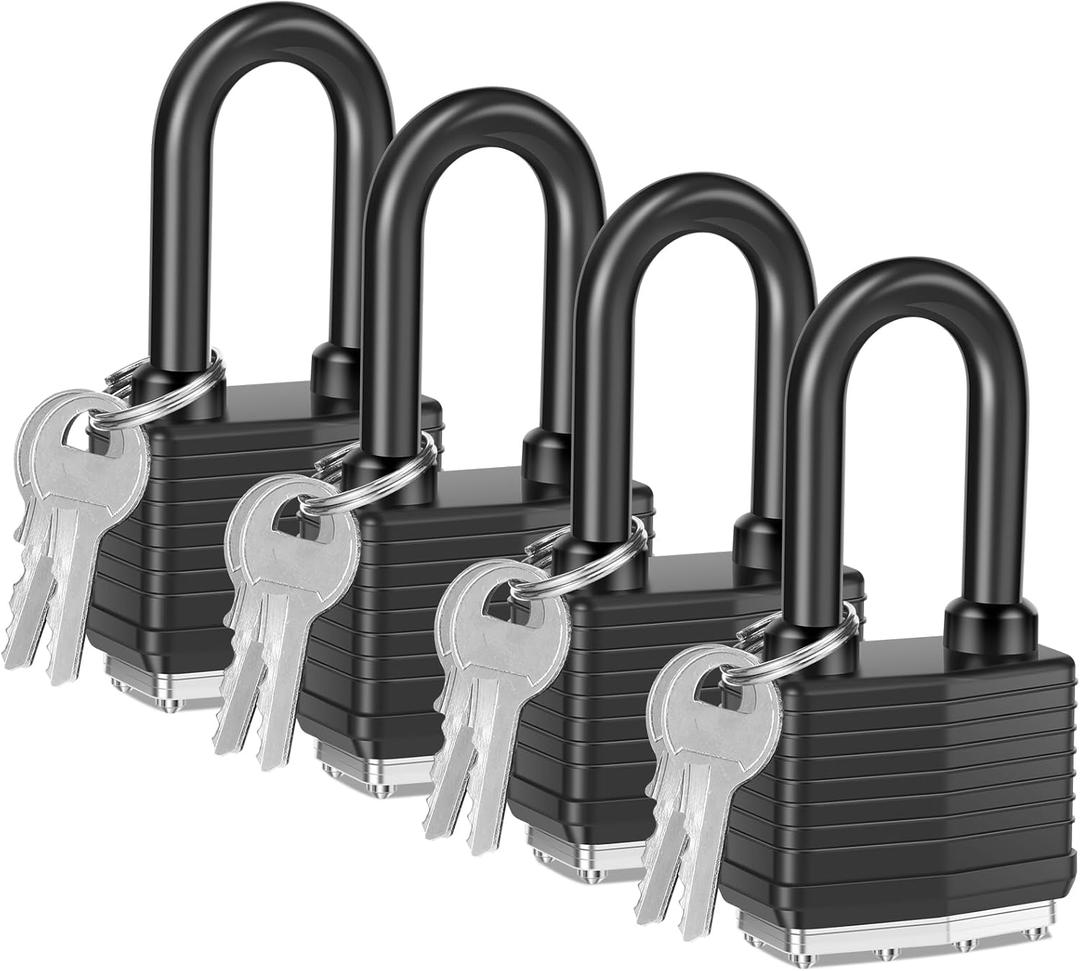 4 x 4 Packs Waterproof Padlocks with Keys for Outdoor use, Covered Heavy Duty Laminated Steel Lock, 1-9/16 Inch. Wide, Long Shackle Padlock for Storage Unit, Sheds, Garages and Fence(4 Pack)