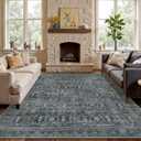 Collive Washable Area Rug 8x10, Vintage Distressed Rugs for Living Room Rugs 8x10 Non Slip Modern Bedroom Carpet Stain Resistant Aesthetic Print Accent Floor Mat for Dining Office - Blue/Grey