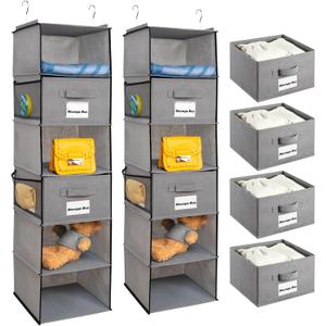 2 Pack 6 Shelves Hanging Closet Organizer with 2 Drawer, Hanging Storage with 4 Side Pockets for Clothes Shoes, 43.5"x12"x12"(Gray)