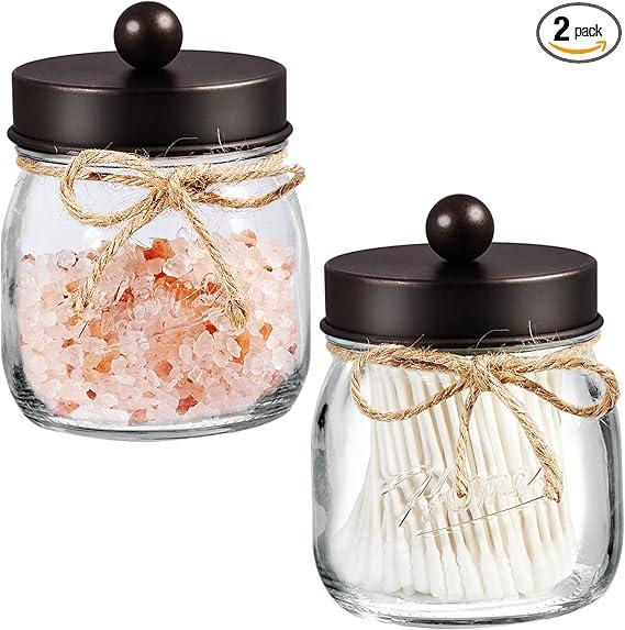 SheeChung 1 Pack Small Mason Jars Qtip Holders, Bathroom Shelf Decor, Guest Bathroom Decor for Cotton Balls, Floss Pick, Cotton Round Pads - Bronze