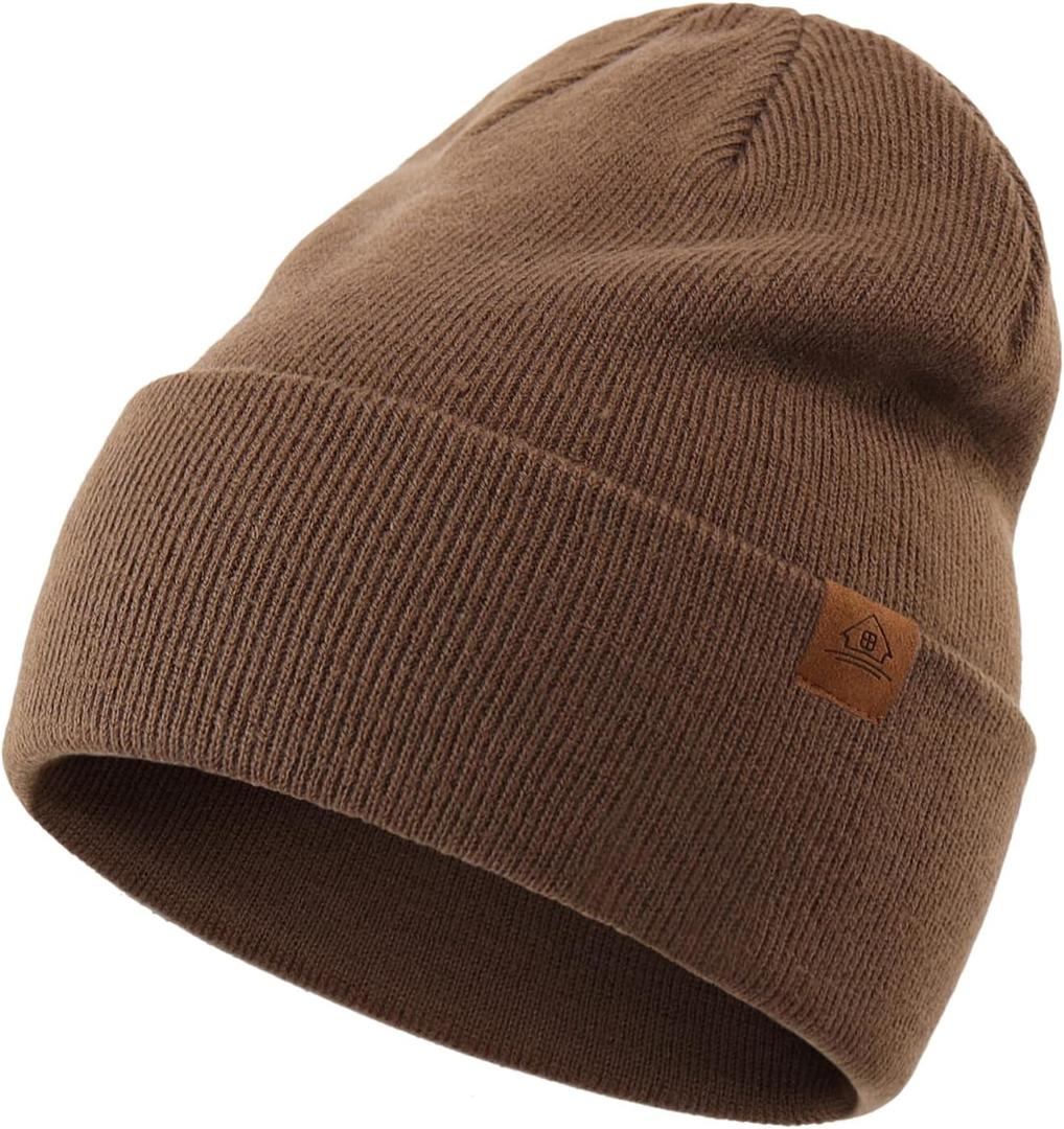 Home Prefer Mens Winter Hats Acrylic Knit Cuff Beanie Cap Warm Womens Beanie Hat (Brown)
