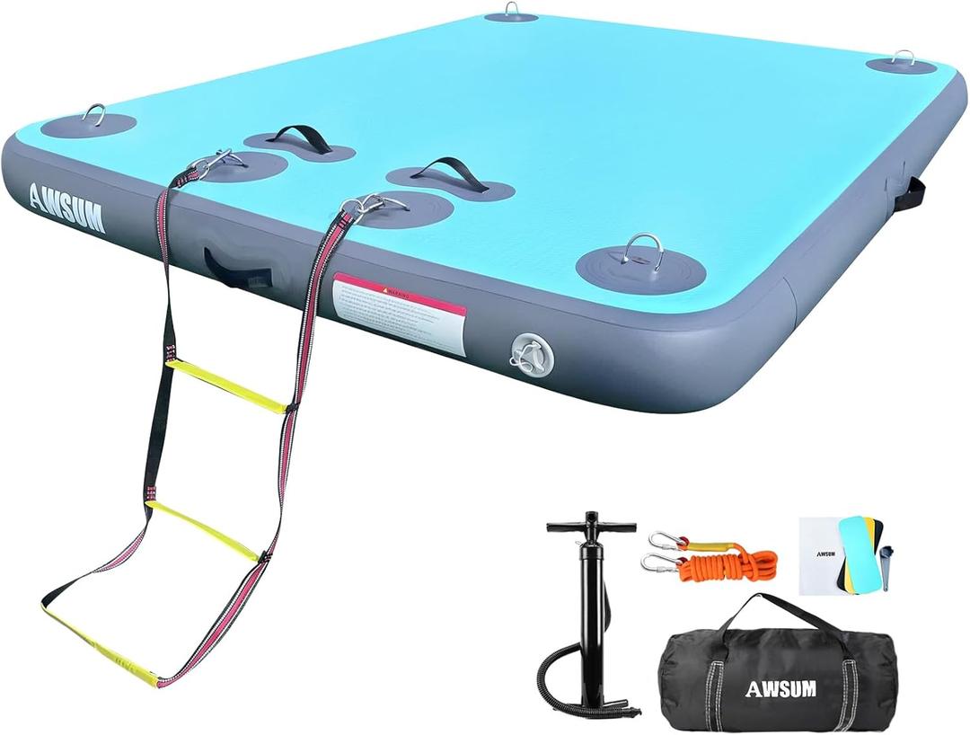 AWSUM Inflatable Floating Dock Air Dock Platform, 6ft/8ft Non-Slip Inflatable Water Mat Floating Island Raft for Lake Pool Beach Ocean (5  6  0.5ft, Mint Green/SilveryGray)