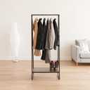 IRIS USA Clothes Rack for Hanging Clothes with Bottom Wood Shelf, Freestanding Clothing Rack, Easy to Assemble Garment Rack, Metal, Sturdy Design, Multipurpose, Small Space Storage Solution, Black
