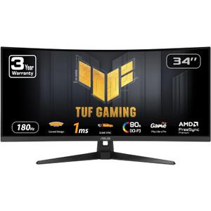 ASUS TUF Gaming 34” Ultra-Wide Curved Monitor (VG34VQ3B) – 21:9 QHD (3440x1440), 180Hz, 1ms, Extreme Low Motion Blur Sync, FreeSync Premium, Speaker, 90% DCI-P3, DisplayWidget Center 