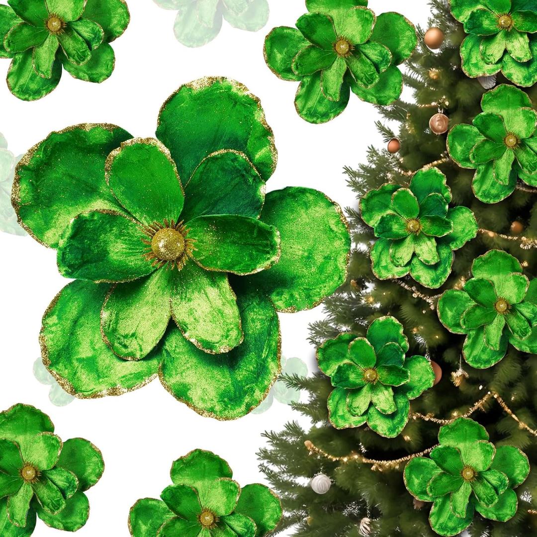 6 Pcs Large Christmas Glitter Flowers Velvet Christmas Magnolia Flowers 10 Inch Large Heads Artificial Poinsettia Picks Stems for Xmas Tree Ornaments Holiday Wedding Party Decor(Green)