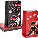 Leinuosen 24 Pcs Ninja Party Favor Bags Ninja Themed Birthday Goodie Candy Treat Bags for Kids Boy Girl Party Decorations(Red, Black)