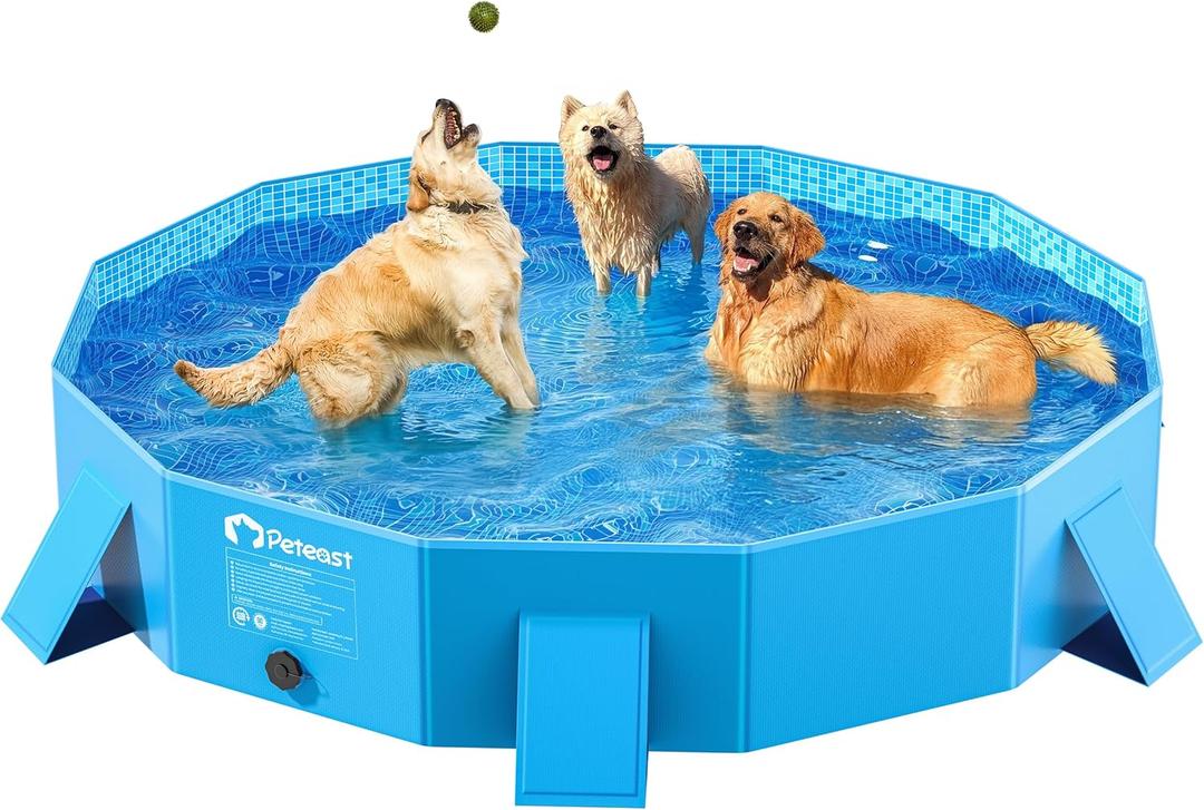 Peteast Foldable Dog Kiddie Pool with Stable Side Support, Hard Plastic Shell Portable Dog Pool, Collapsible Swimming Pools for Pet and Kids, 64 in