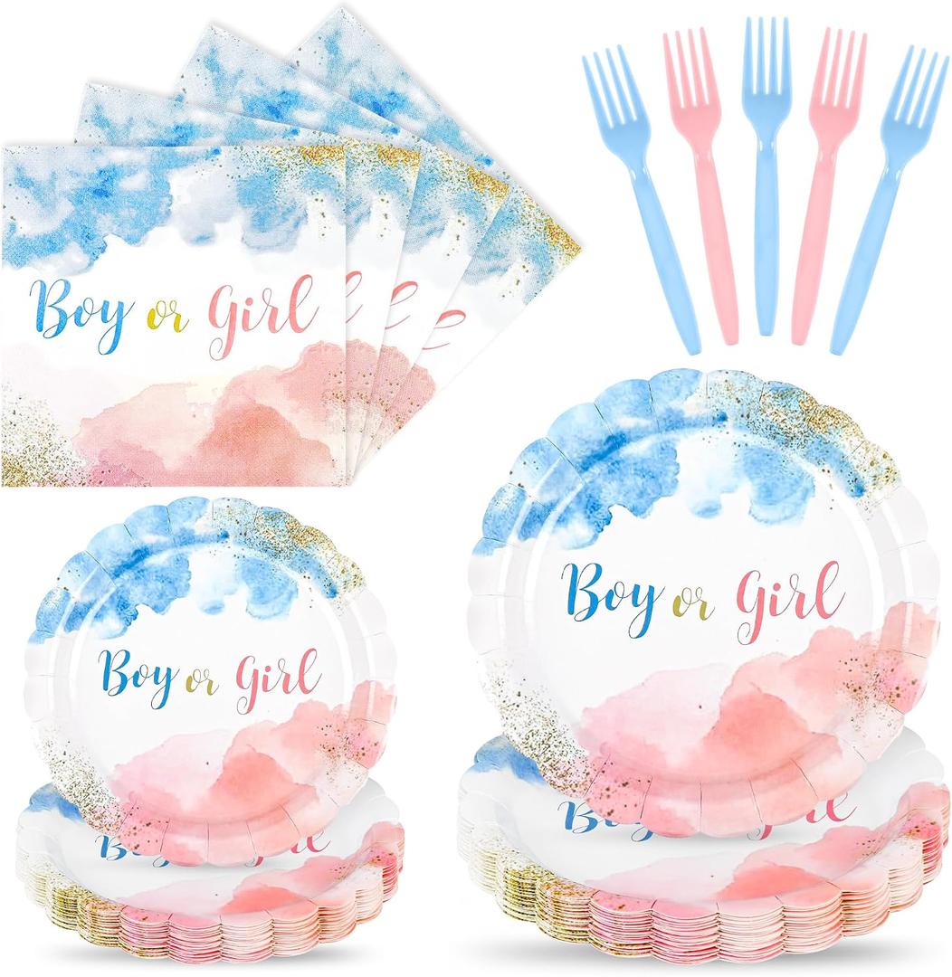 96 Pcs Gender Reveal Plates and Napkins set-Serve 24, Boy or Girl Gender Reveal Party Tableware Set Includes Disposable Scalloped Paper Plates Napkins & Forks for Baby Gender reveal Party