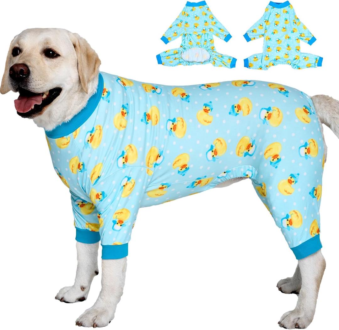 LovinPet Big Dog Wound Care/Surgery Recovery Shirt, Pet Anxiety Shirt, Lightweight Stretchy Knit Fabric, Rubber Ducks with Hats Blue Print Dog Pjs, Dog Pajamas, Pet PJ's/XXL (XX-Large)