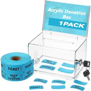 Raffle Ticket Box Acrylic Donation Box with Lock Slot 6.3" x 4.7" x 3.9" Clear Suggestion Ballot Boxes with 500 Raffle Tickets Tips Jar for Fundraising Donation Voting Collection