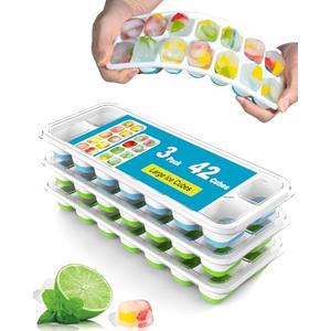 3 Pack Ice Cube Trays with Lids, Flexible Silicone Bottom for Easy Release, Stackable & Space-Saving Ice Molds, 1.2" Cubes Color-Coded (2 Green 1 Blue) for Juice, Coffee & Cocktails, BPA Free