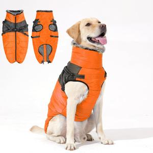 Dog's Winter Jacket Harness Integrated Dog Coat for Winter, Snowproof and Waterproof, Fleece-Lined Turtleneck, Reflective Dot Design Orange, X-Large