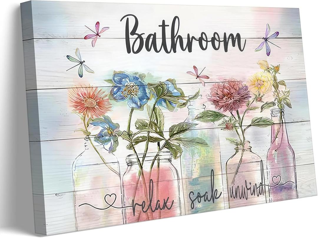Farmhouse Bathroom Flower Canvas Wall Art Relax Soak Relaxation Wall Decor Picture Dragonfly Floral Poster Prints for Bathroom Decoration Ready To Hang
