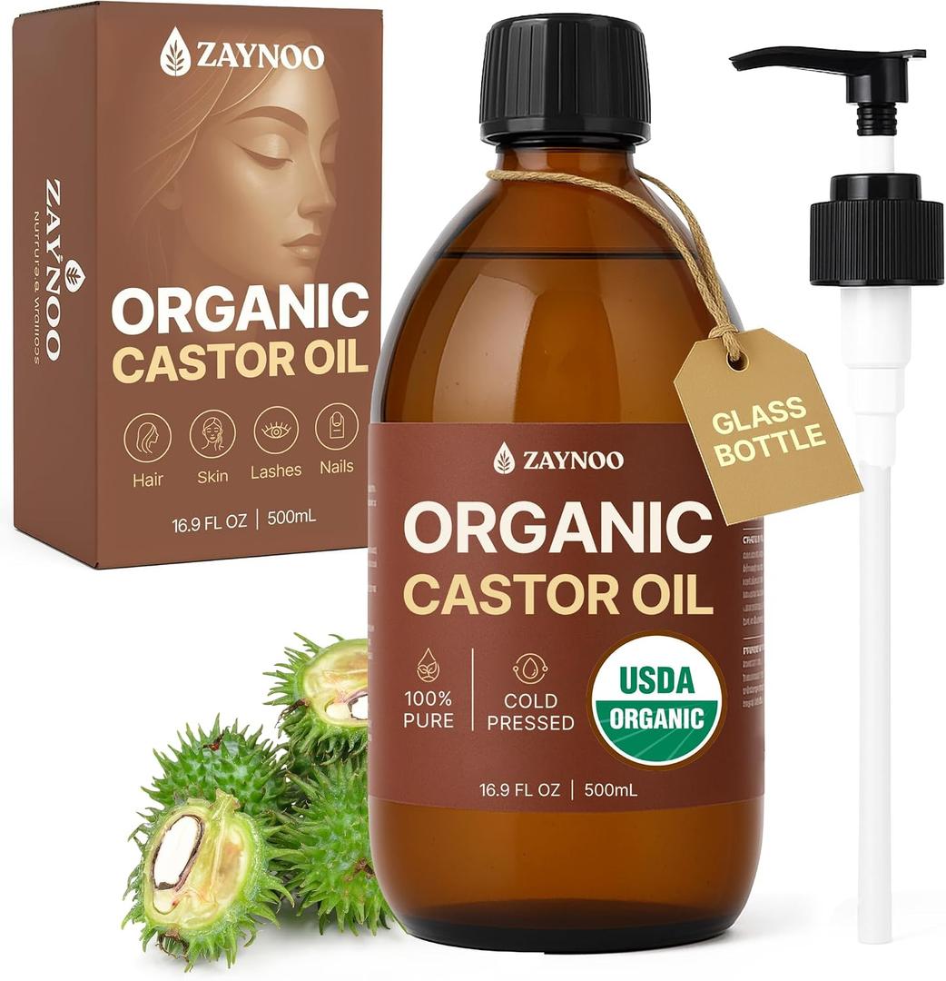 USDA Organic Castor Oil 16.9 fl oz/500 ml Cold Pressed, Hexane Free, Vegan, 100% Pure for Hair Growth, Face, Skin, Lashes, Brows, Body Massage, Aceite de Ricino in Glass Bottle with BPA-Free Pump