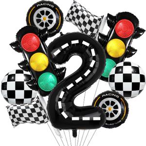 9Pcs Traffic Light Balloons, Black and white Check Racing Theme Balloons for Kids 2nd Birthday Party Supplies Decorations