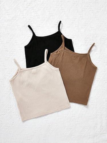 Milumia Girl's 3 Pack Ribbed Knit Camisoles Spaghetti Strap Basic Crop Cami Tops (Multi Black Brown Beige)