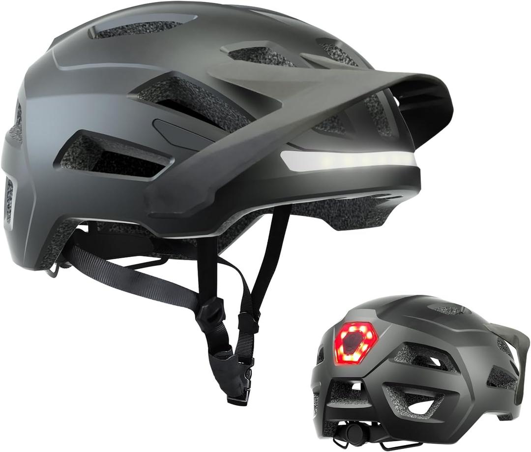 Bike Helmet, Helmets for Adults Men, Front and Back LED Lights Safe Certified MTB Road Bicycle Helmet with Adjustable Brim M