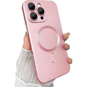 Magnetic for iPhone 16 Pro Case, with Camera Lens Protector, Compatible with Magnetic, Slim Shockproof Bumper Soft Silicone Metallic Lustre Phone Case for iPhone 16 Pro, Pink